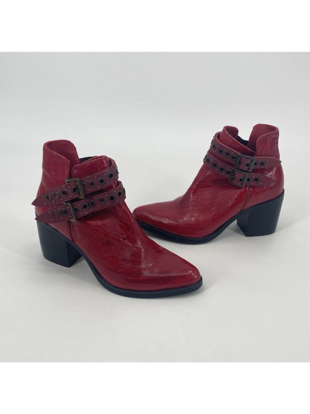 Alcalas Womens 7.5 Jennifer red eel leather ankle boots Studded Buckles Western